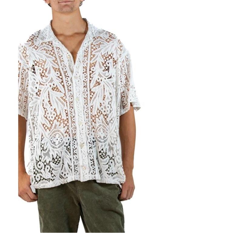 Gray White Cotton Lace Button up Shirt For Sale