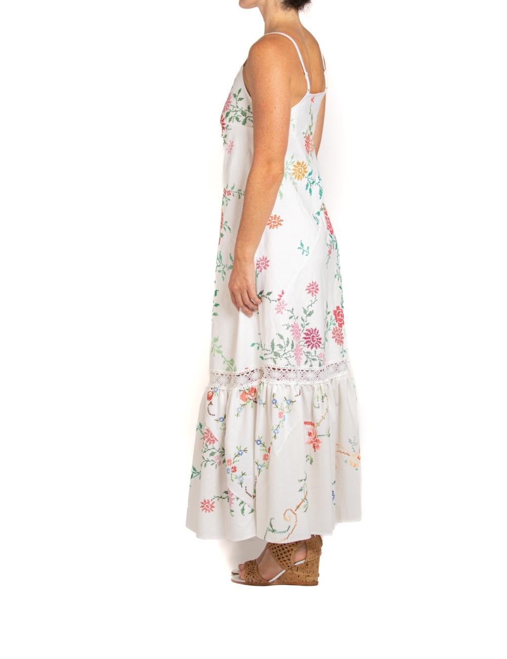 Women's MORPHEW COLLECTION White & Floral Hand Embroidered Fabric From France Dress For Sale