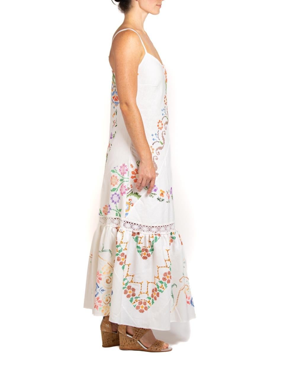 Women's MORPHEW COLLECTION White & Floral Hand Embroidered Fabric From France Dress For Sale
