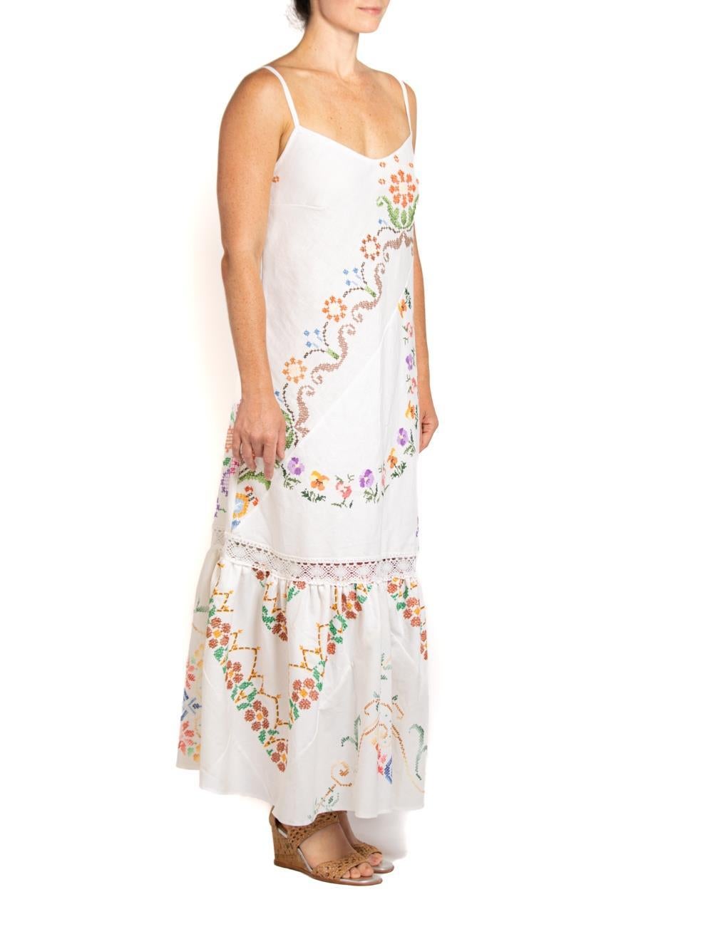 MORPHEW COLLECTION White & Floral Hand Embroidered Fabric From France Dress For Sale 1