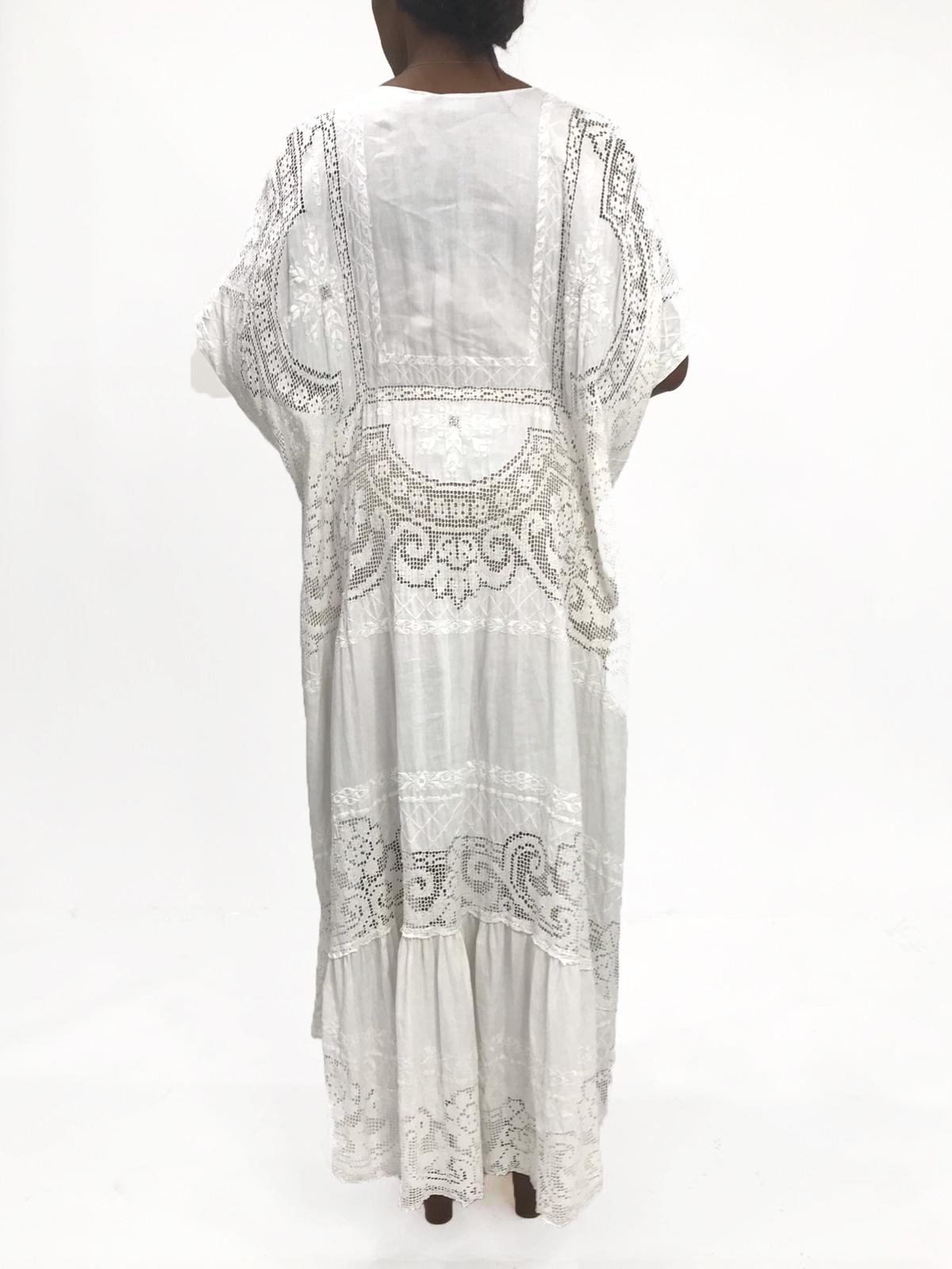 Morphew Collection White Hand Embroidered Linen & Lace Kaftan 1