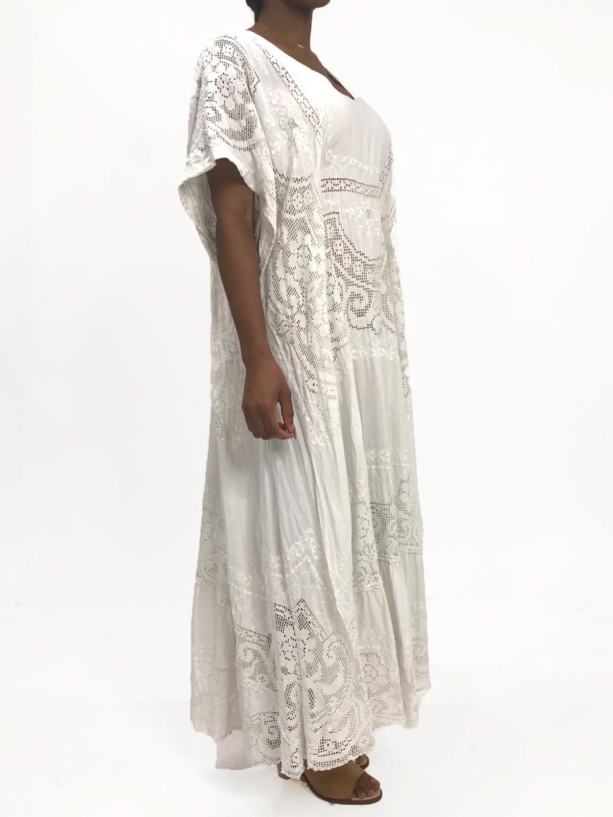 Morphew Collection White Hand Embroidered Linen & Lace Kaftan 2