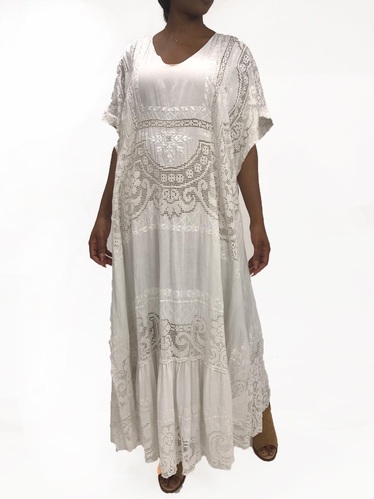 Morphew Collection White Hand Embroidered Linen & Lace Kaftan 3