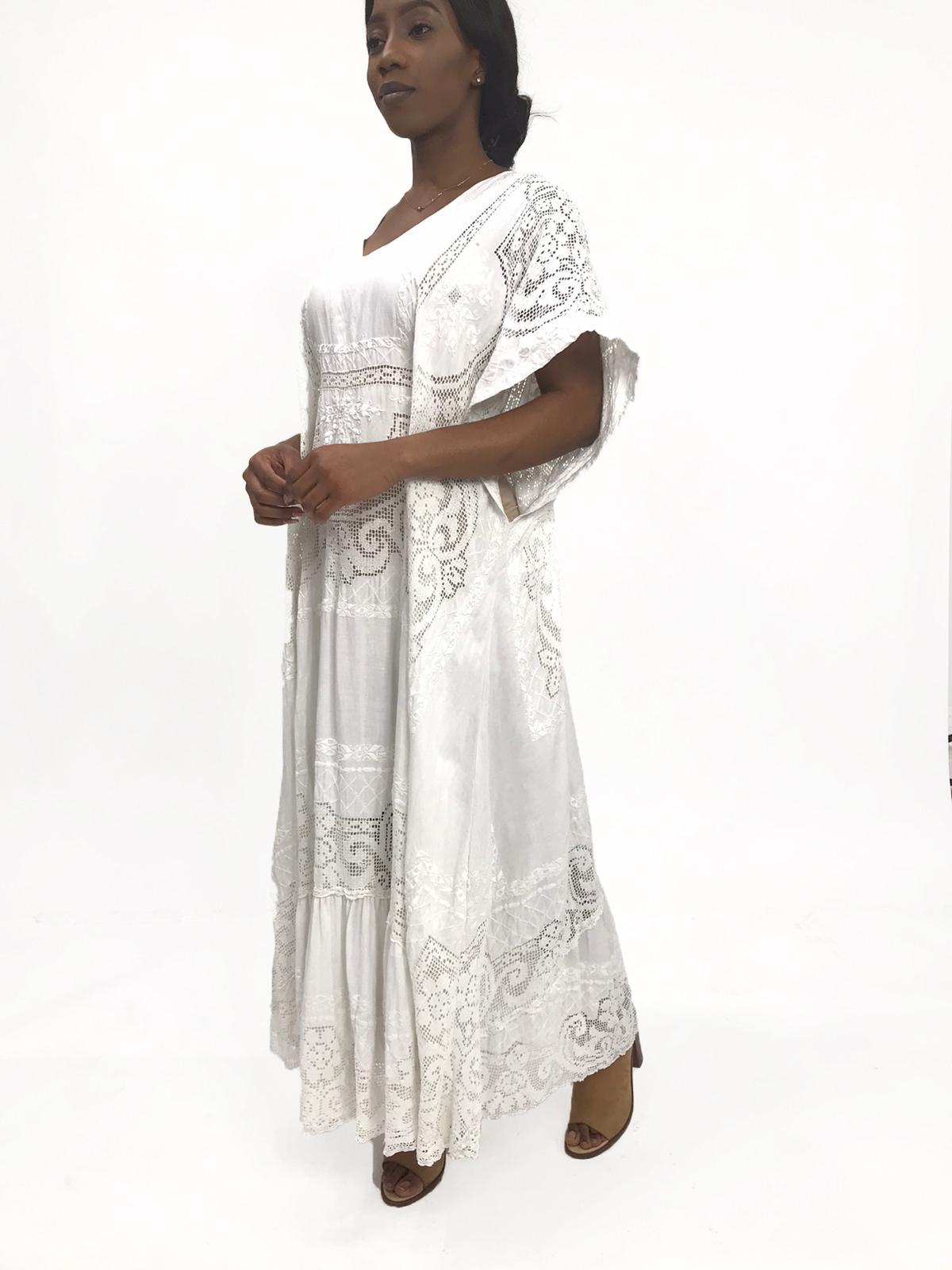 Morphew Collection White Hand Embroidered Linen & Lace Kaftan 4