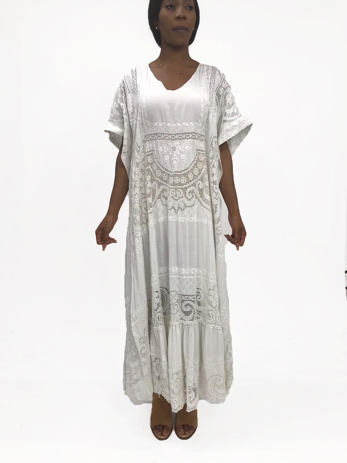 Morphew Collection White Hand Embroidered Linen & Lace Kaftan 5