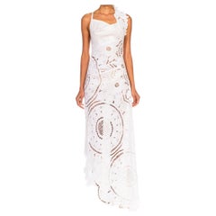 MORPHEW COLLECTION White Linen Entirely Hand Embroidered Cut-Out Lace Gown