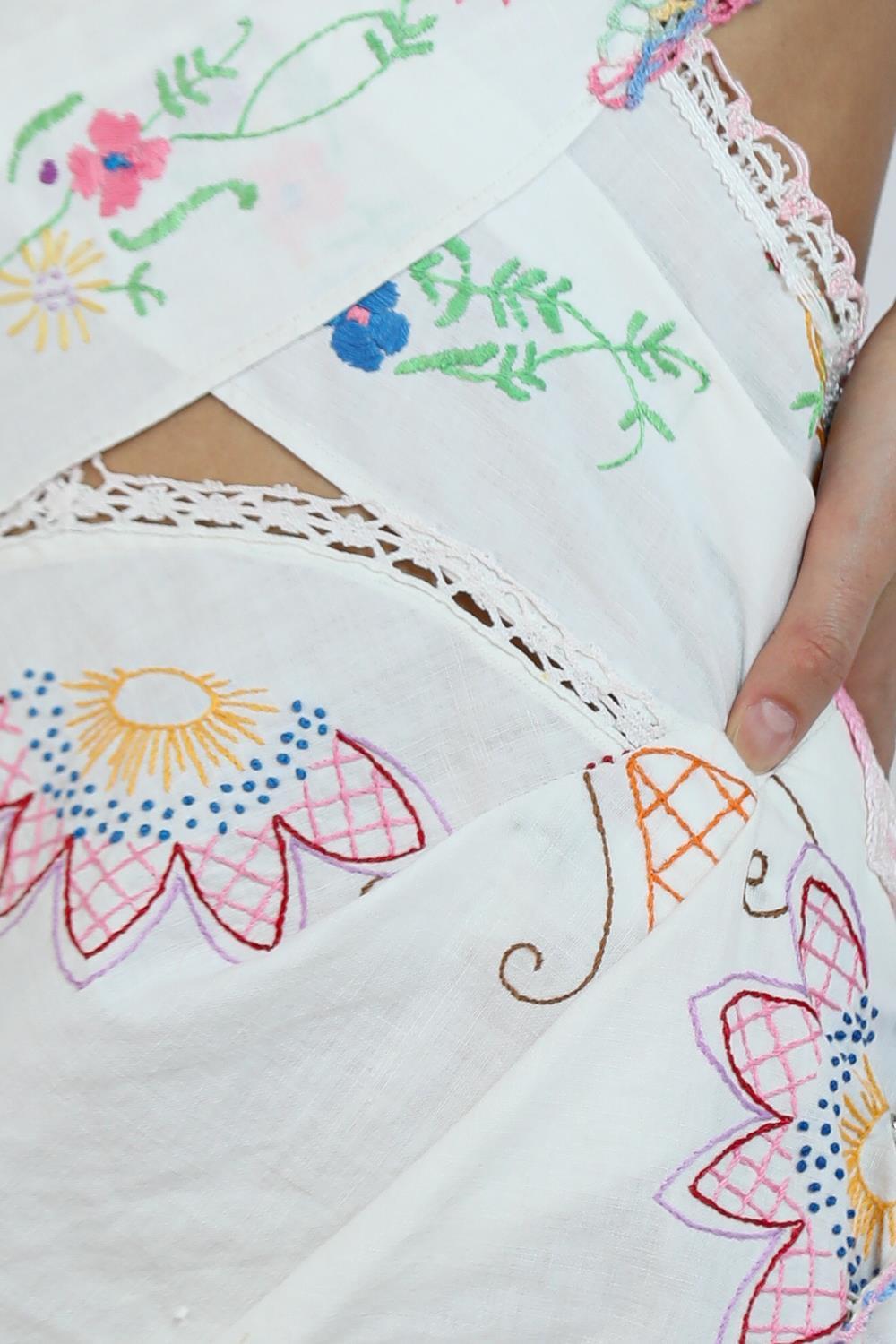 Morphew Collection White & Multicolor Cotton Linen Crochet Lace Mini Dress With For Sale 6