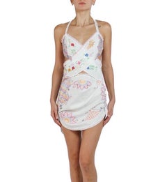 MC White & Multicolor Cotton Linen Crochet Lace Mini Dress With