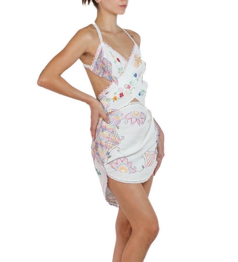 Women's Morphew Collection White & Multicolor Cotton Linen Crochet Lace Mini Dress With For Sale