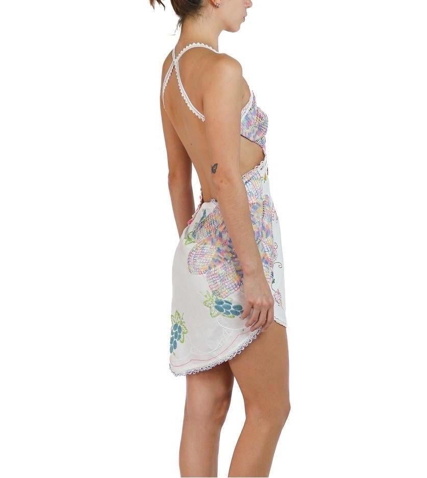 Morphew Collection White & Multicolor Cotton Linen Crochet Lace Mini Dress With For Sale 3