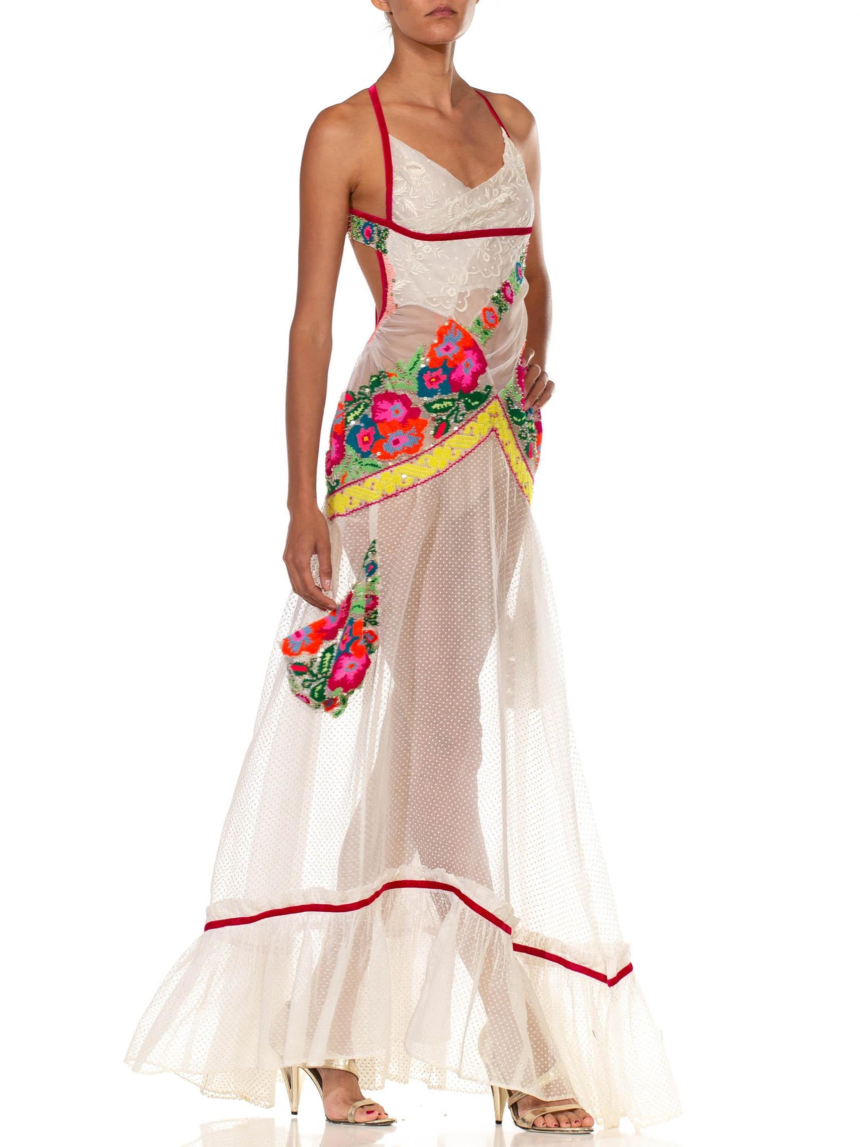 MORPHEW COLLECTION White & Multicolor Cotton Sequin Embroidered Lace Gown With  In Excellent Condition In New York, NY