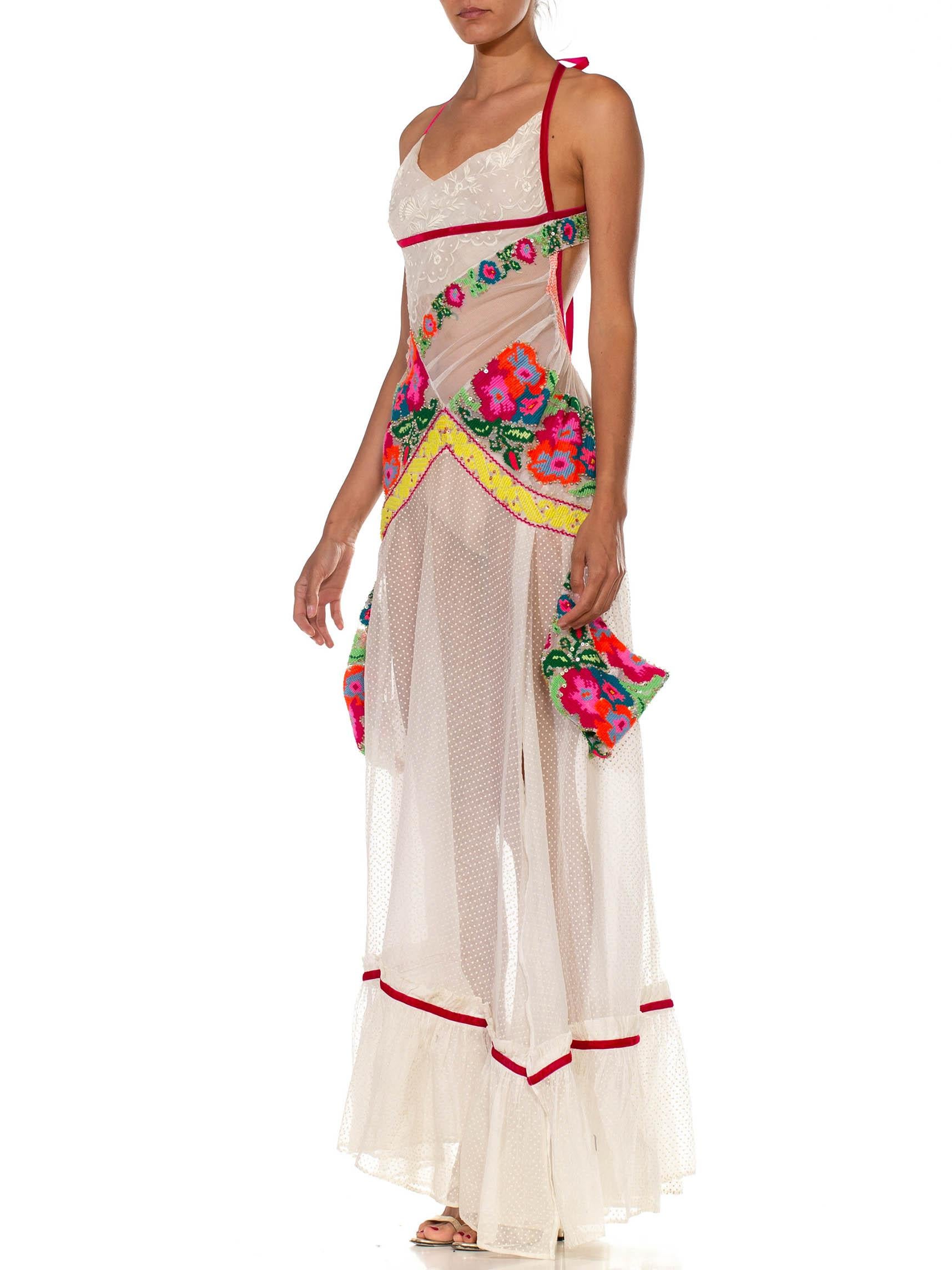 Women's MORPHEW COLLECTION White & Multicolor Cotton Sequin Embroidered Lace Gown With 