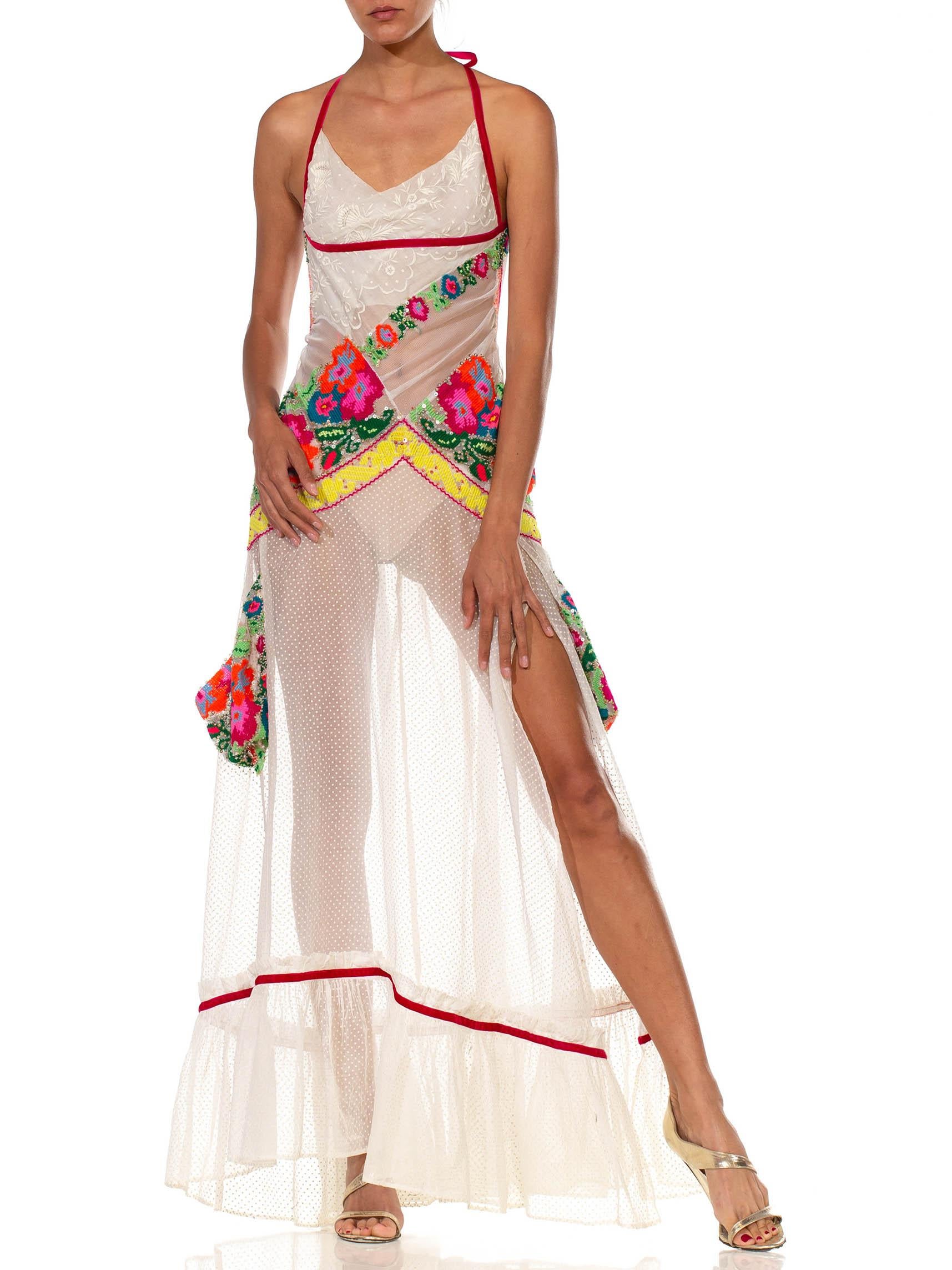 MORPHEW COLLECTION White & Multicolor Cotton Sequin Embroidered Lace Gown With  1