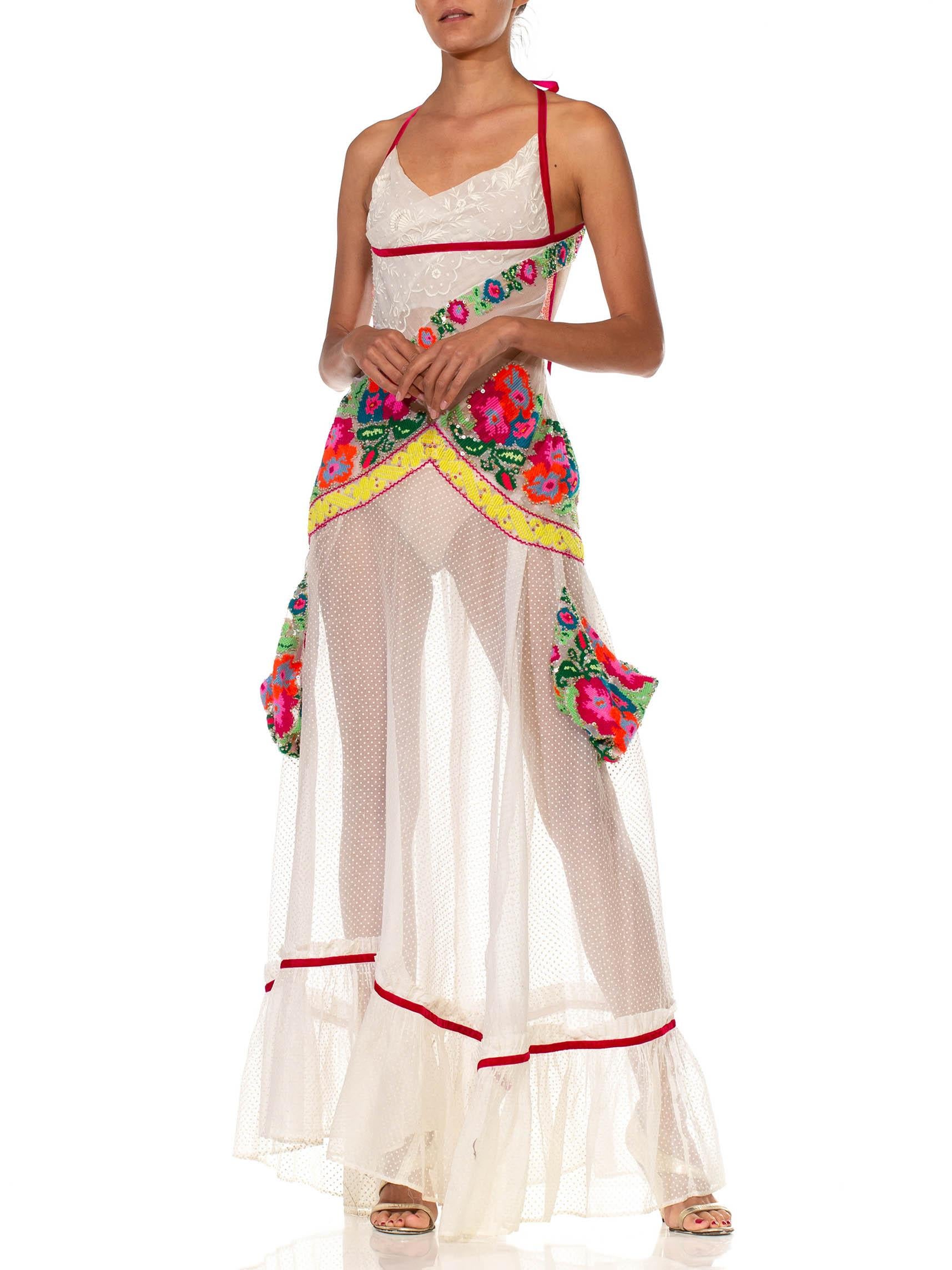 MORPHEW COLLECTION White & Multicolor Cotton Sequin Embroidered Lace Gown With  2