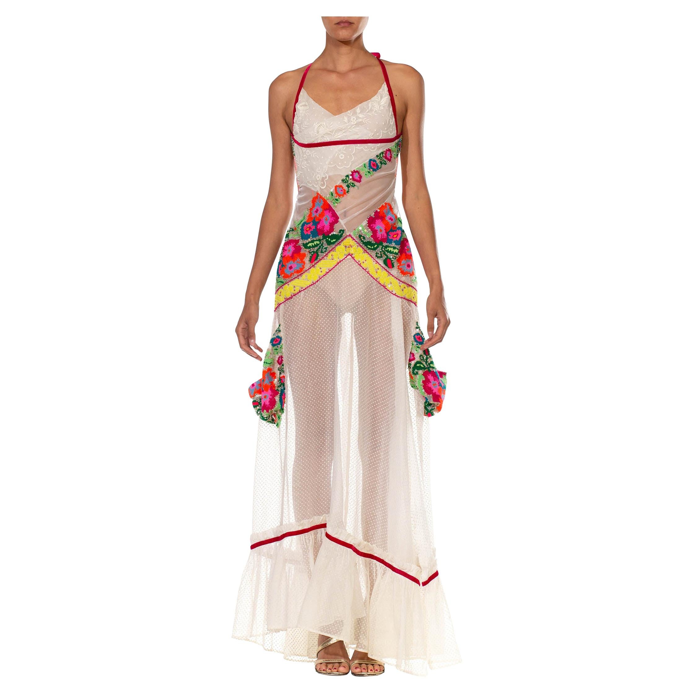 MORPHEW COLLECTION White & Multicolor Cotton Sequin Embroidered Lace Gown With 