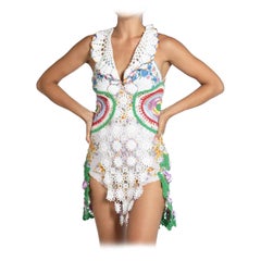 Morphew Collection White Multicolored Cotton Crochet Lace Dress With Vintage Ha