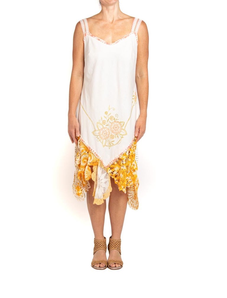 MORPHEW COLLECTION White and Orange Cotton Blend With Handmade Crochet