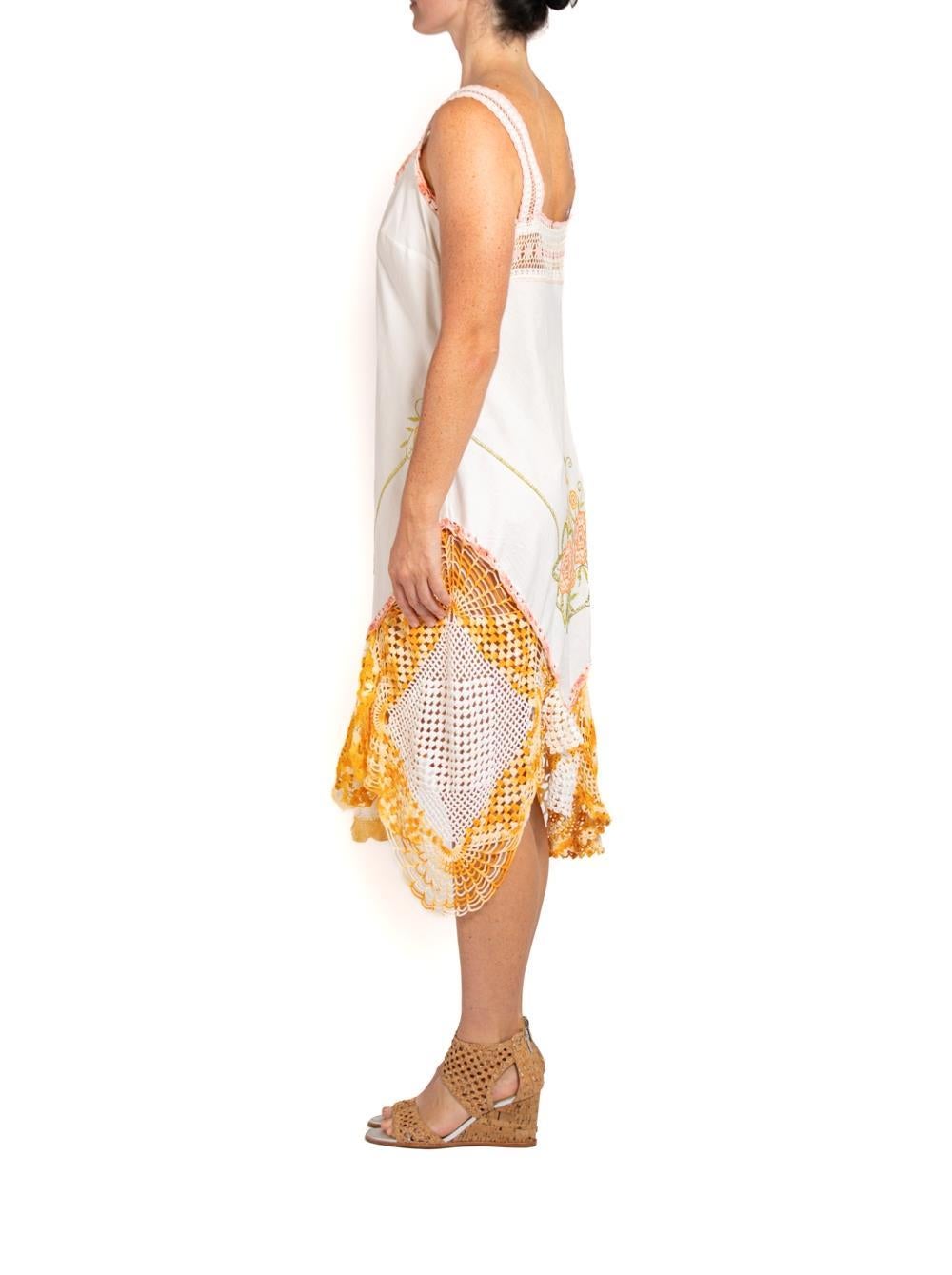 MORPHEW COLLECTION White  & Orange Cotton Blend With Handmade Crochet Dress For Sale 1