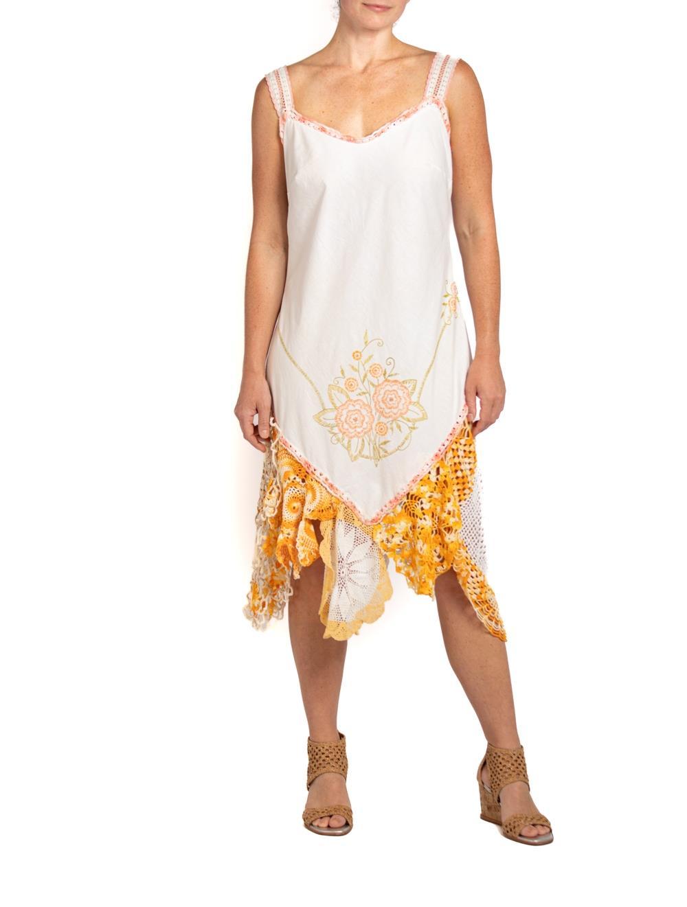 MORPHEW COLLECTION White  & Orange Cotton Blend With Handmade Crochet Dress For Sale 3