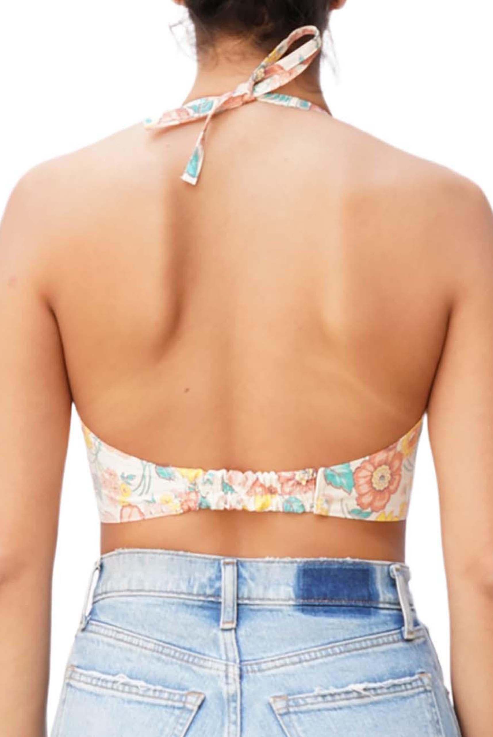 Orange MORPHEW COLLECTION White, Peach & Blue Floral Bustier With Adjustable Straps For Sale