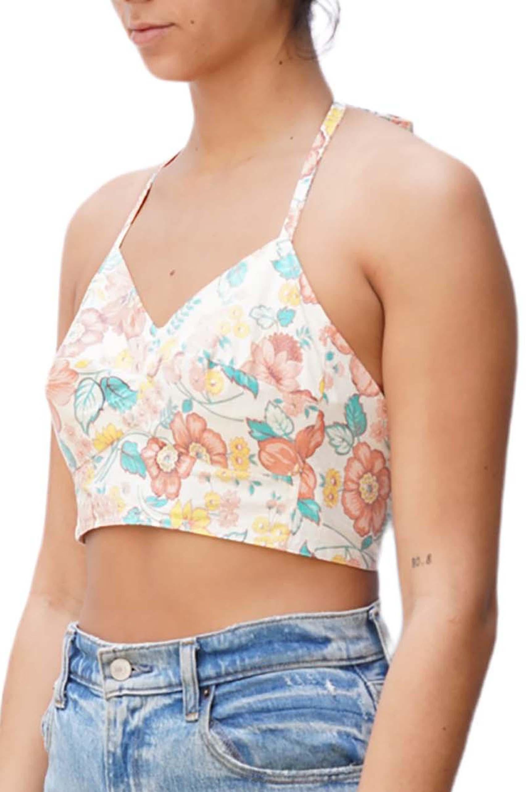 Women's MORPHEW COLLECTION White, Peach & Blue Floral Bustier With Adjustable Straps For Sale