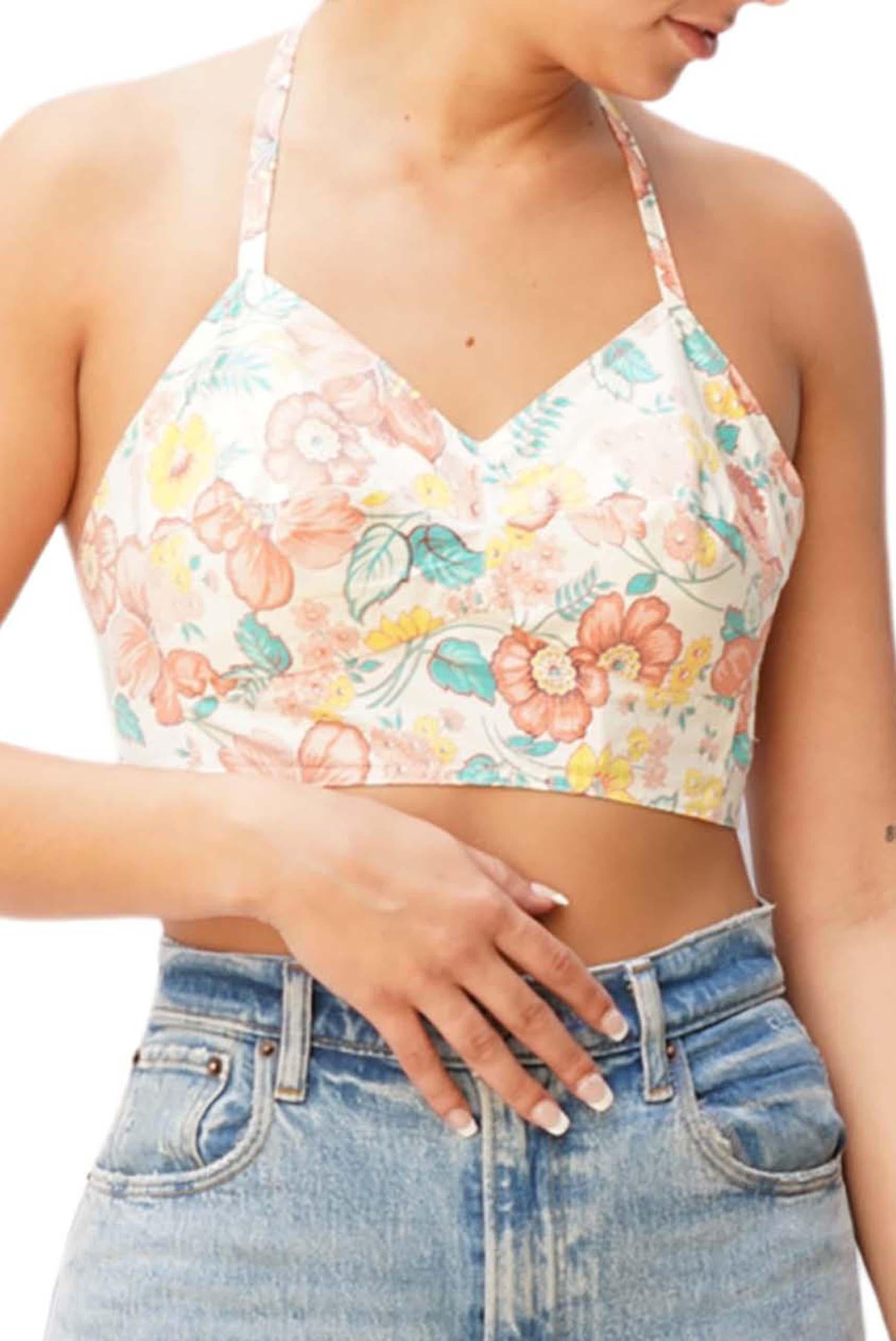MORPHEW COLLECTION White, Peach & Blue Floral Bustier With Adjustable Straps For Sale 3