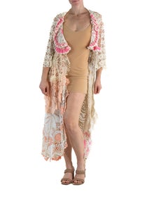 MORPHEW COLLECTION White & Pink Cotton Crochet Lace Long Dress With Bell Sleeve