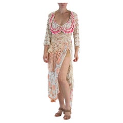 MORPHEW COLLECTION White & Pink Cotton Crochet Lace Long Dress With Bell Sleeve