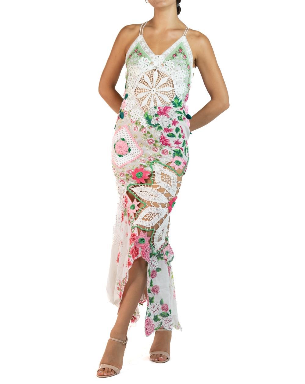 Women's Morphew Collection White, Pink & Green Cotton Crochet Long Vintage Doily Dress 