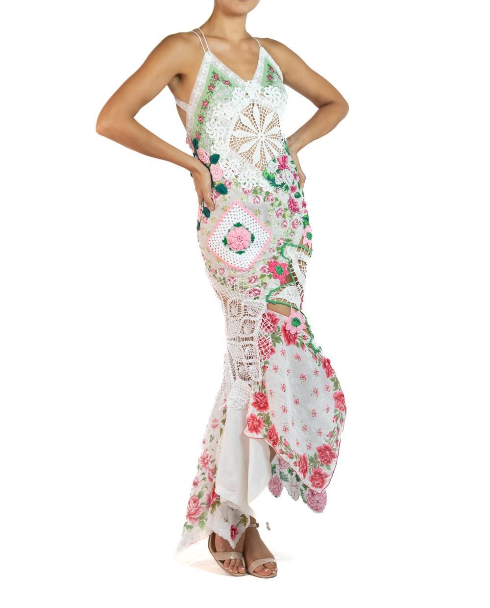 Morphew Collection White, Pink & Green Cotton Crochet Long Vintage Doily Dress  1