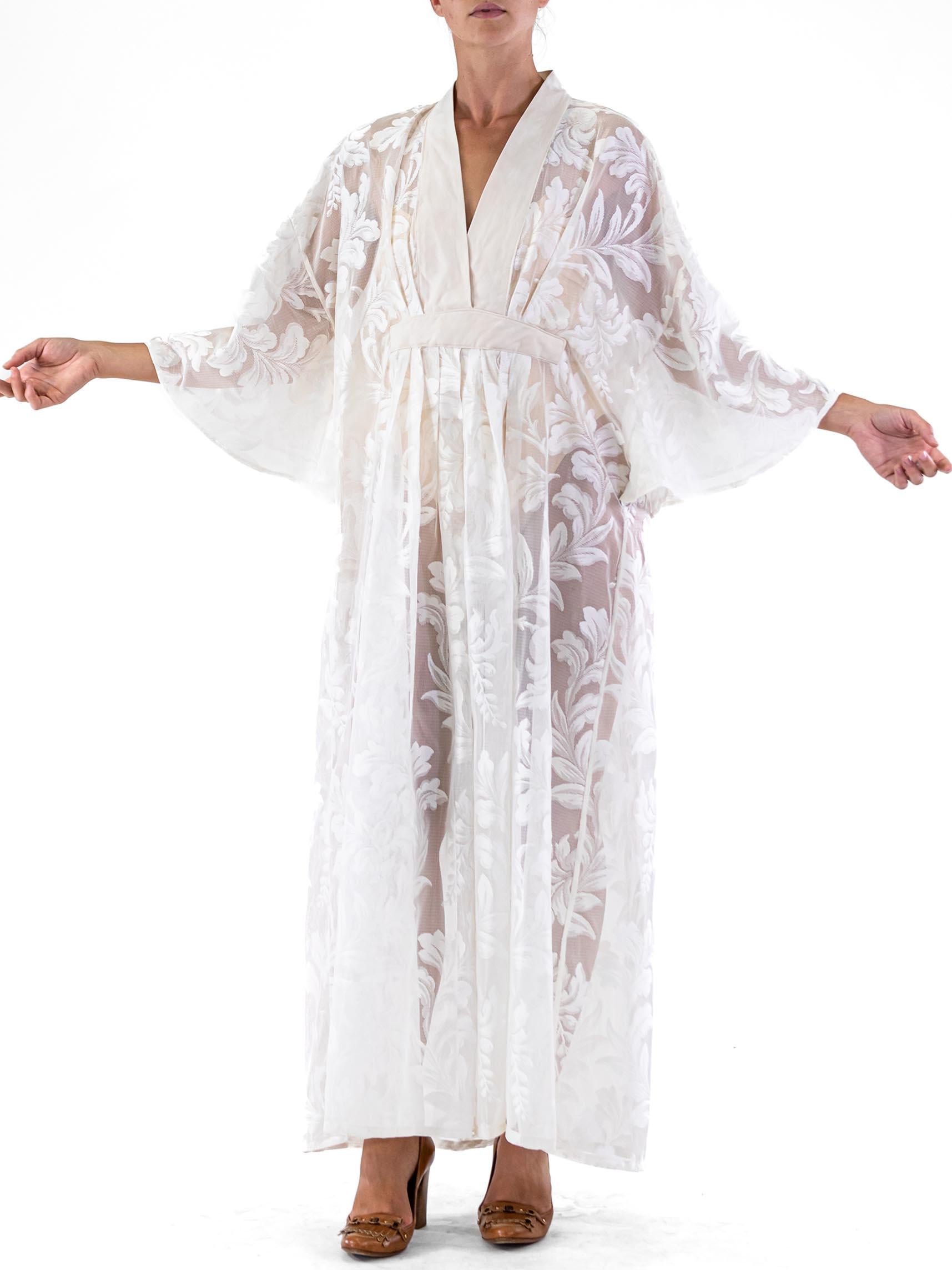 MORPHEW COLLECTION White Poly/Nylon Baroque Leaf Lace Kaftan For Sale 1