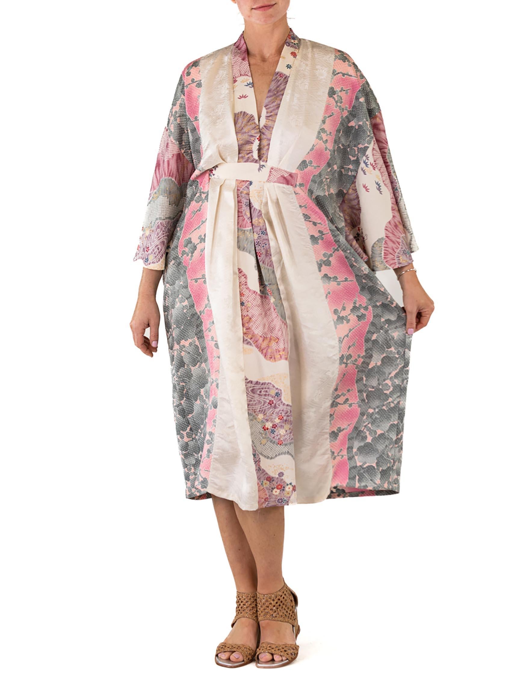 MORPHEW COLLECTION White & Purple Floral Print Japanese Kimono Silk Kaftan 6