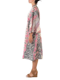 MORPHEW COLLECTION White & Purple Floral Print Japanese Kimono Silk Kaftan