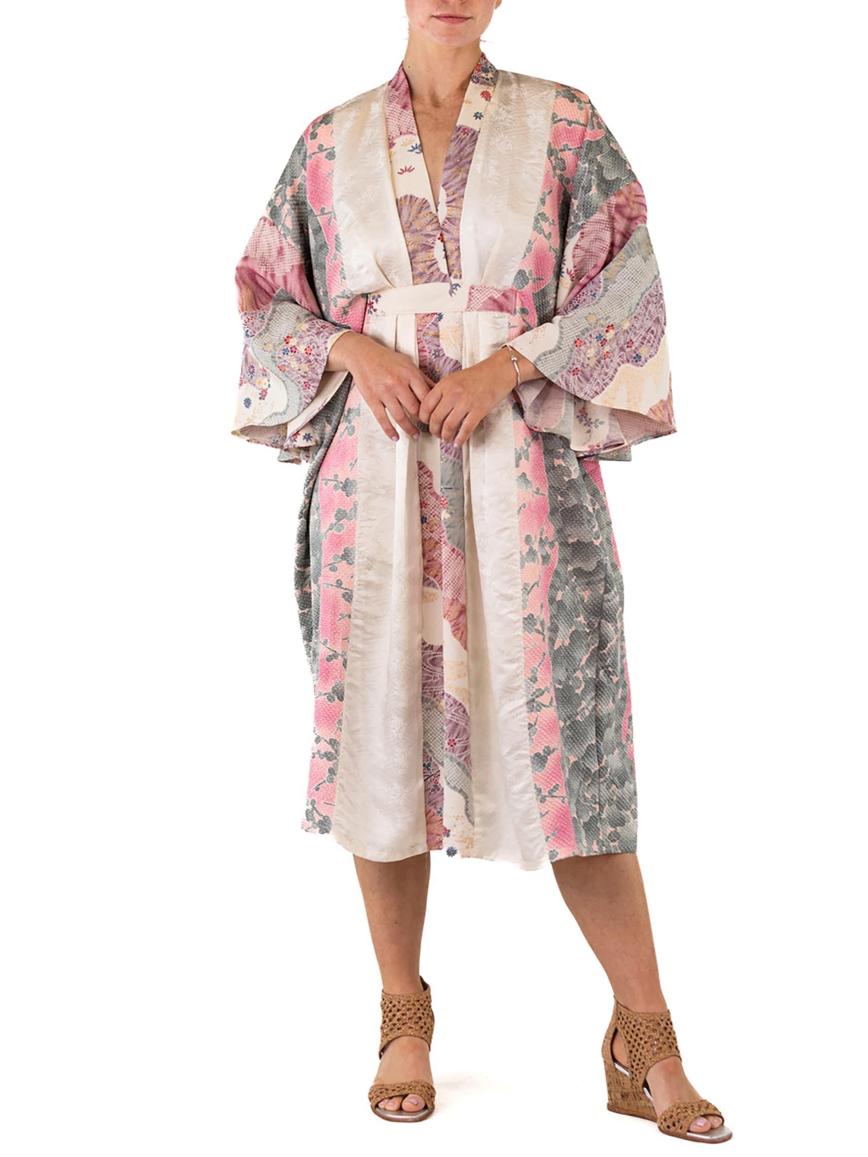Women's MORPHEW COLLECTION White & Purple Floral Print Japanese Kimono Silk Kaftan