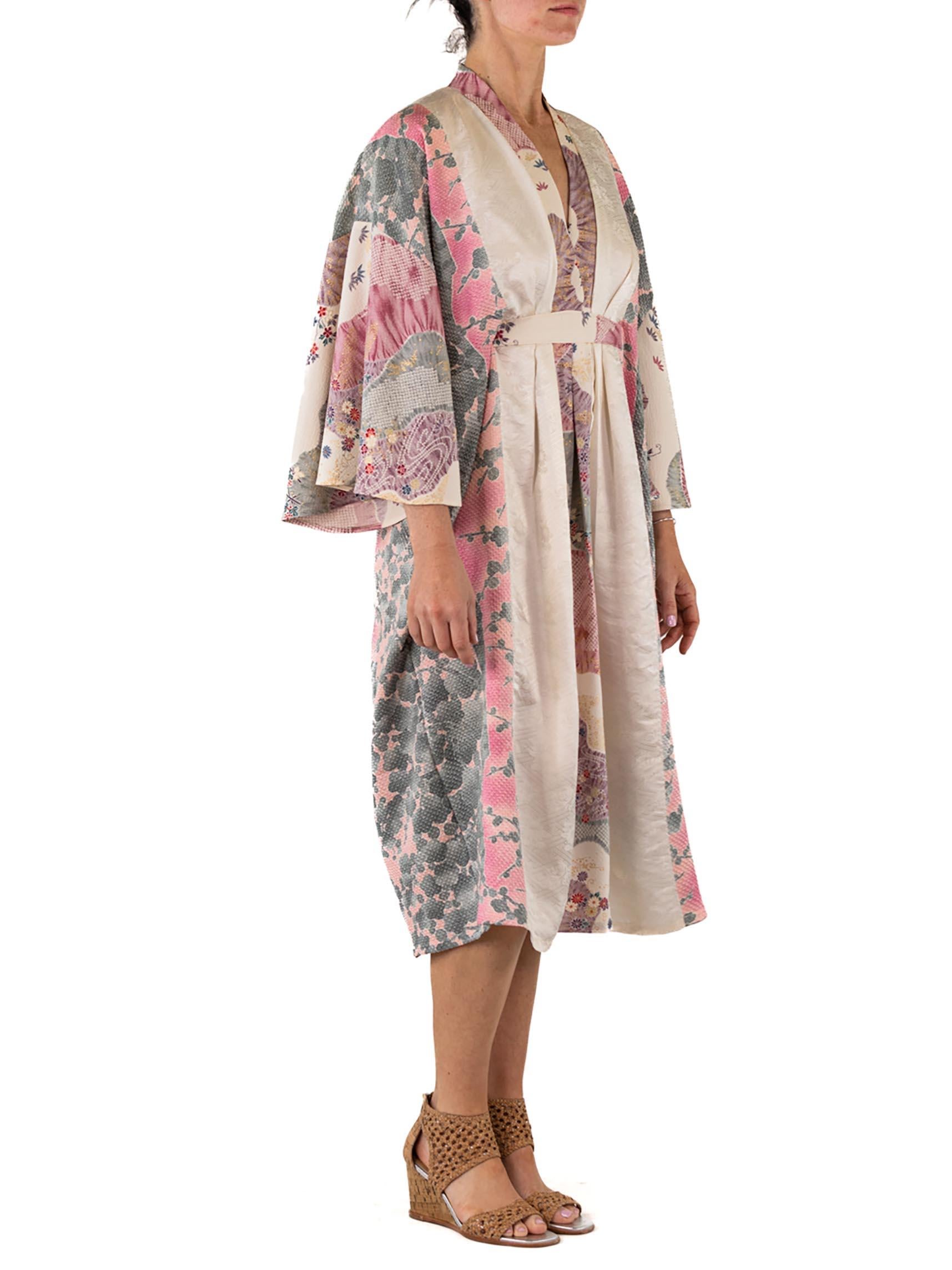 MORPHEW COLLECTION White & Purple Floral Print Japanese Kimono Silk Kaftan 1