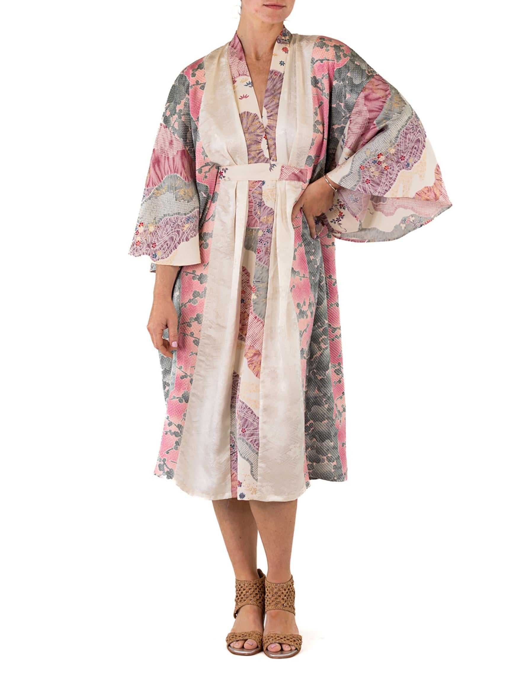 MORPHEW COLLECTION White & Purple Floral Print Japanese Kimono Silk Kaftan 2
