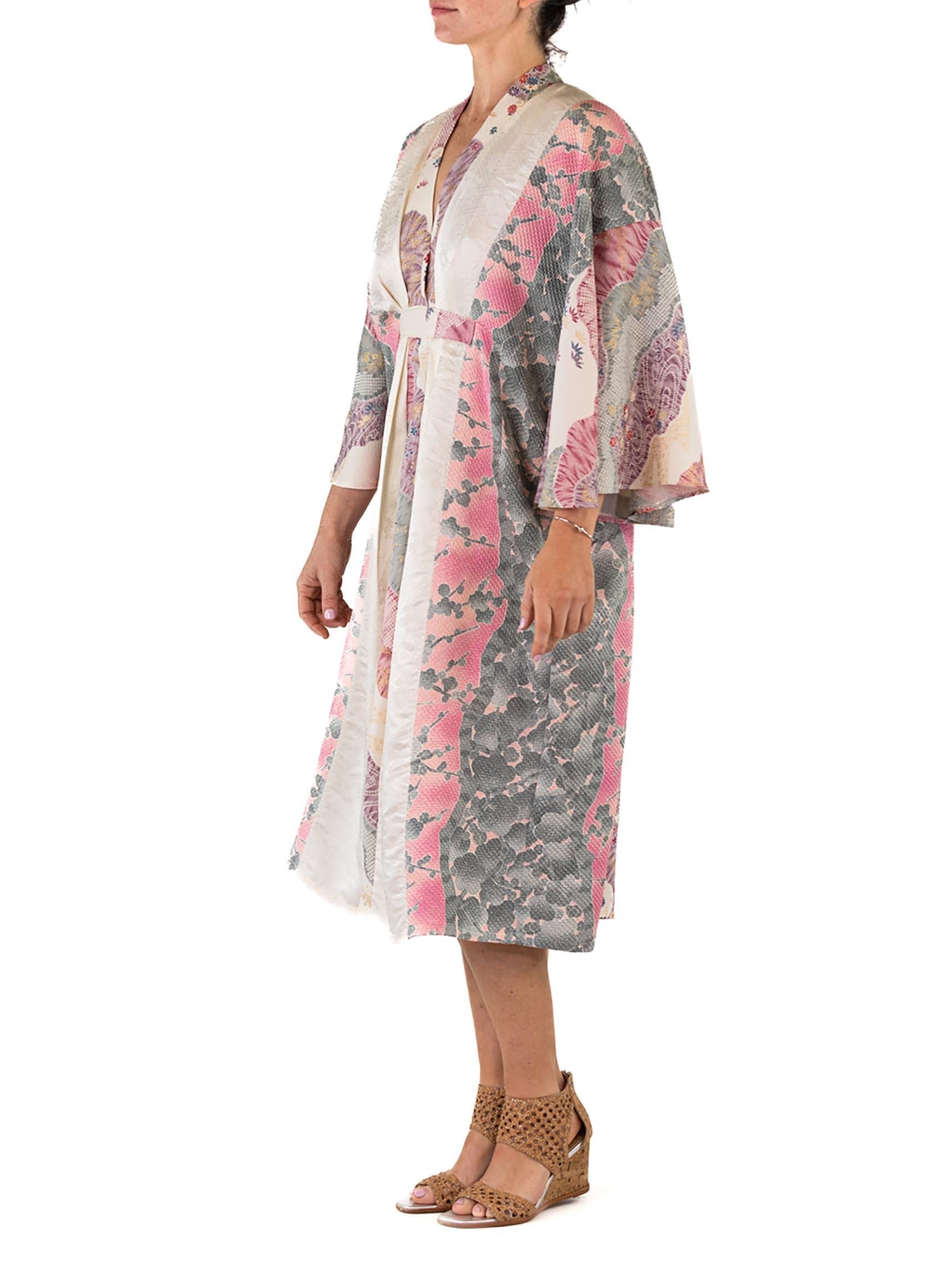 MORPHEW COLLECTION White & Purple Floral Print Japanese Kimono Silk Kaftan 5