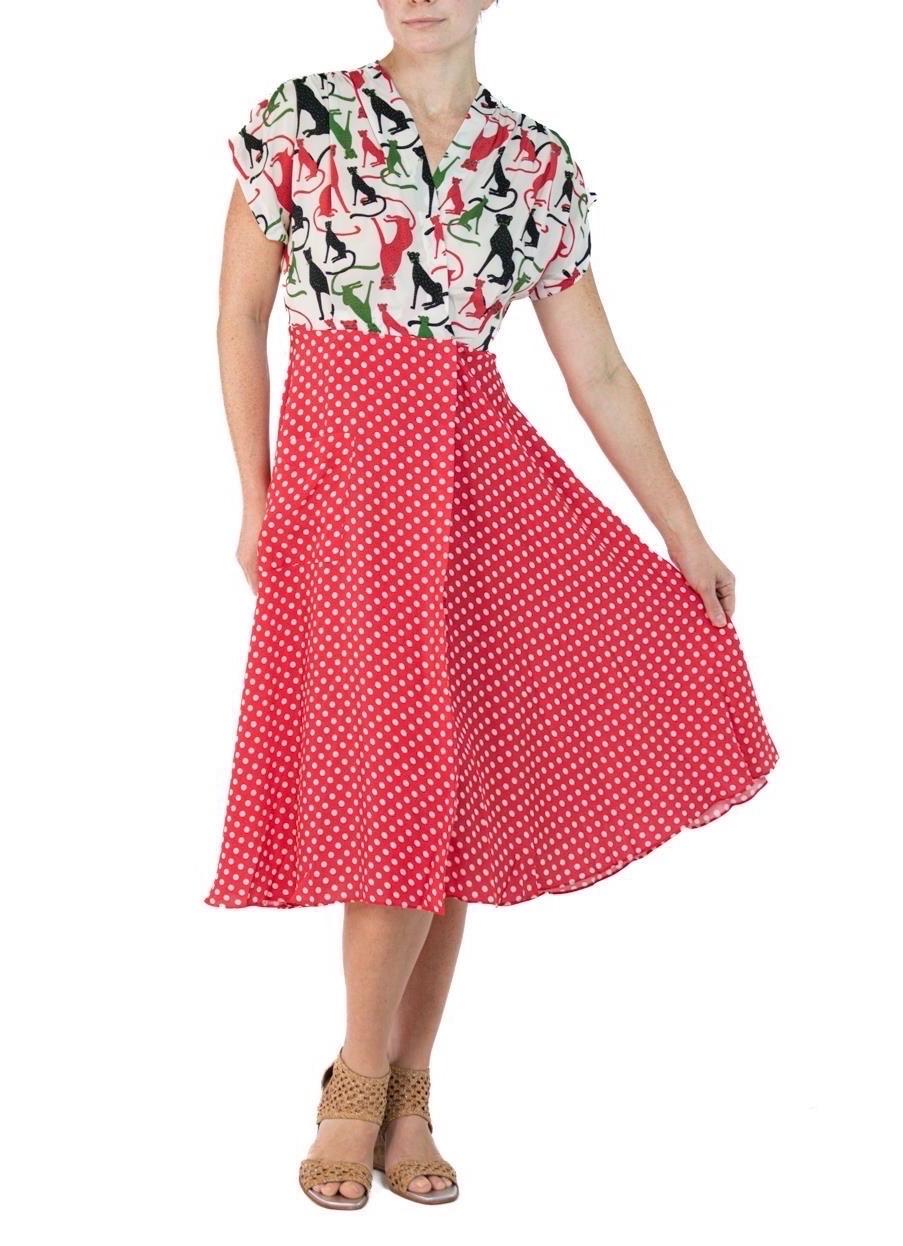 Women's Morphew Collection White & Red Cat Polka Dot Novelty Print Cold Rayon Bias Dres For Sale
