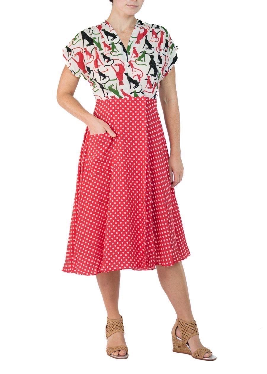 Morphew Collection White & Red Cat Polka Dot Novelty Print Cold Rayon Bias Dres For Sale 1