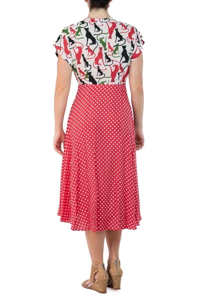 Morphew Collection White & Red Cat Polka Dot Novelty Print Cold Rayon Bias Dres For Sale 2