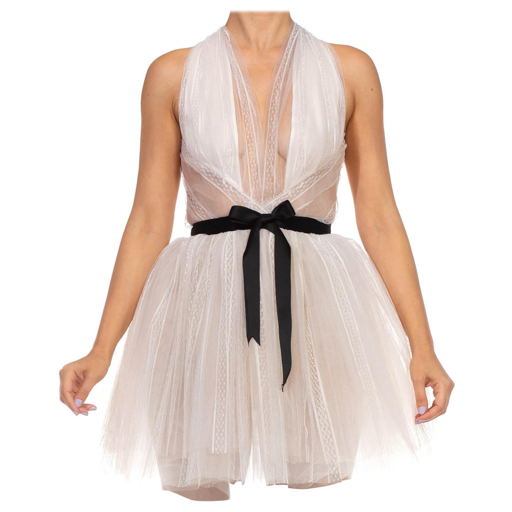 MORPHEW COLLECTION White Tulle Mini Dress With Black Satin Bow