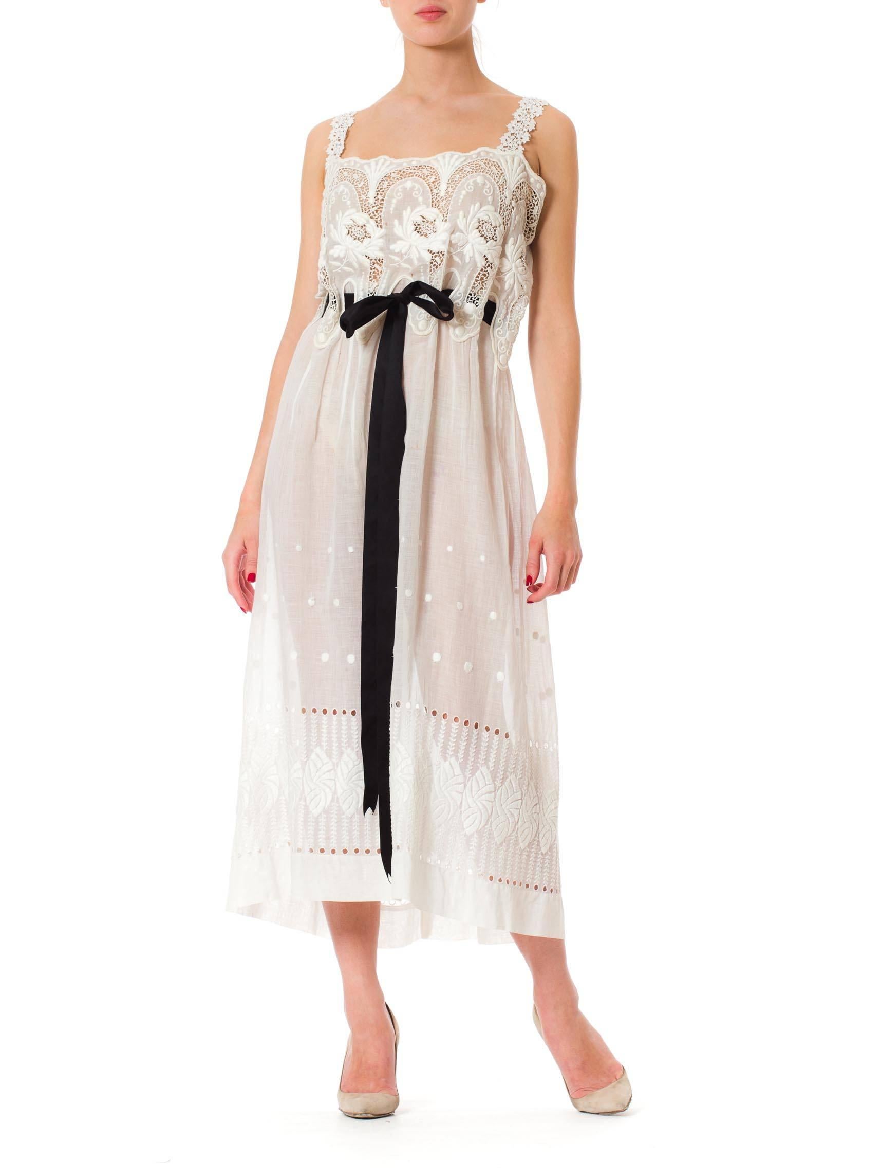 Gray MORPHEW COLLECTION White Victorian Cotton Voile Dress With Lace Details & Black