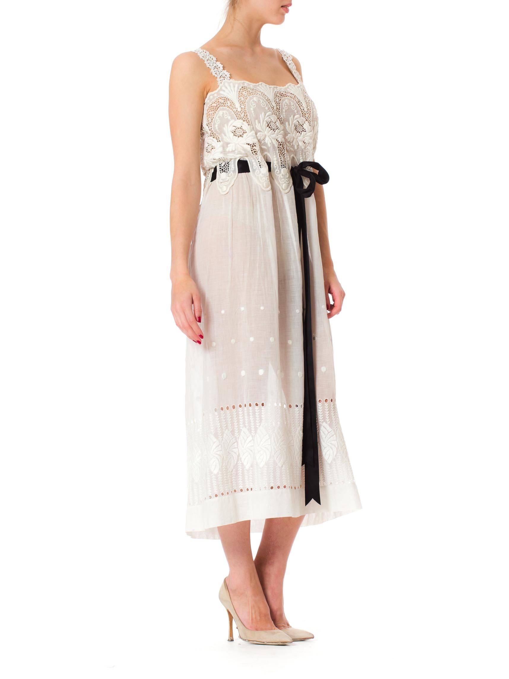 MORPHEW COLLECTION White Victorian Cotton Voile Dress With Lace Details & Black In Excellent Condition In New York, NY