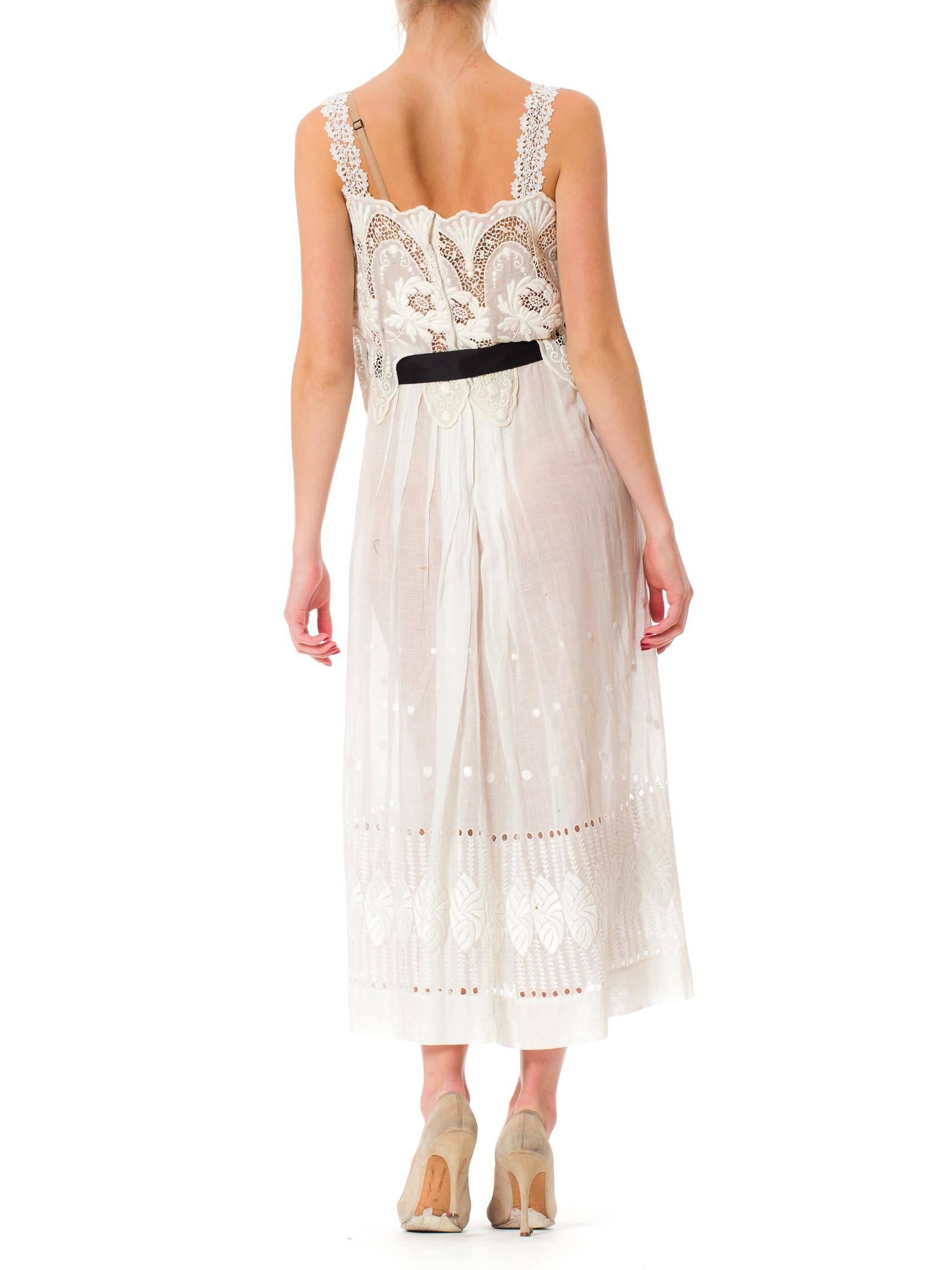 MORPHEW COLLECTION White Victorian Cotton Voile Dress With Lace Details & Black 1