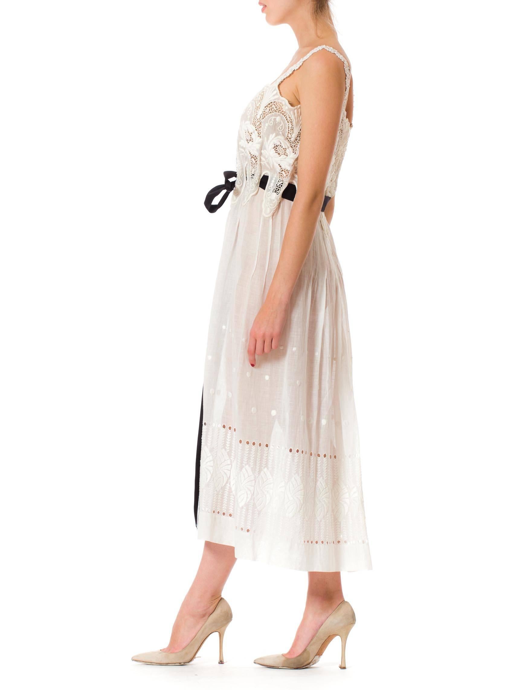 MORPHEW COLLECTION White Victorian Cotton Voile Dress With Lace Details & Black 2