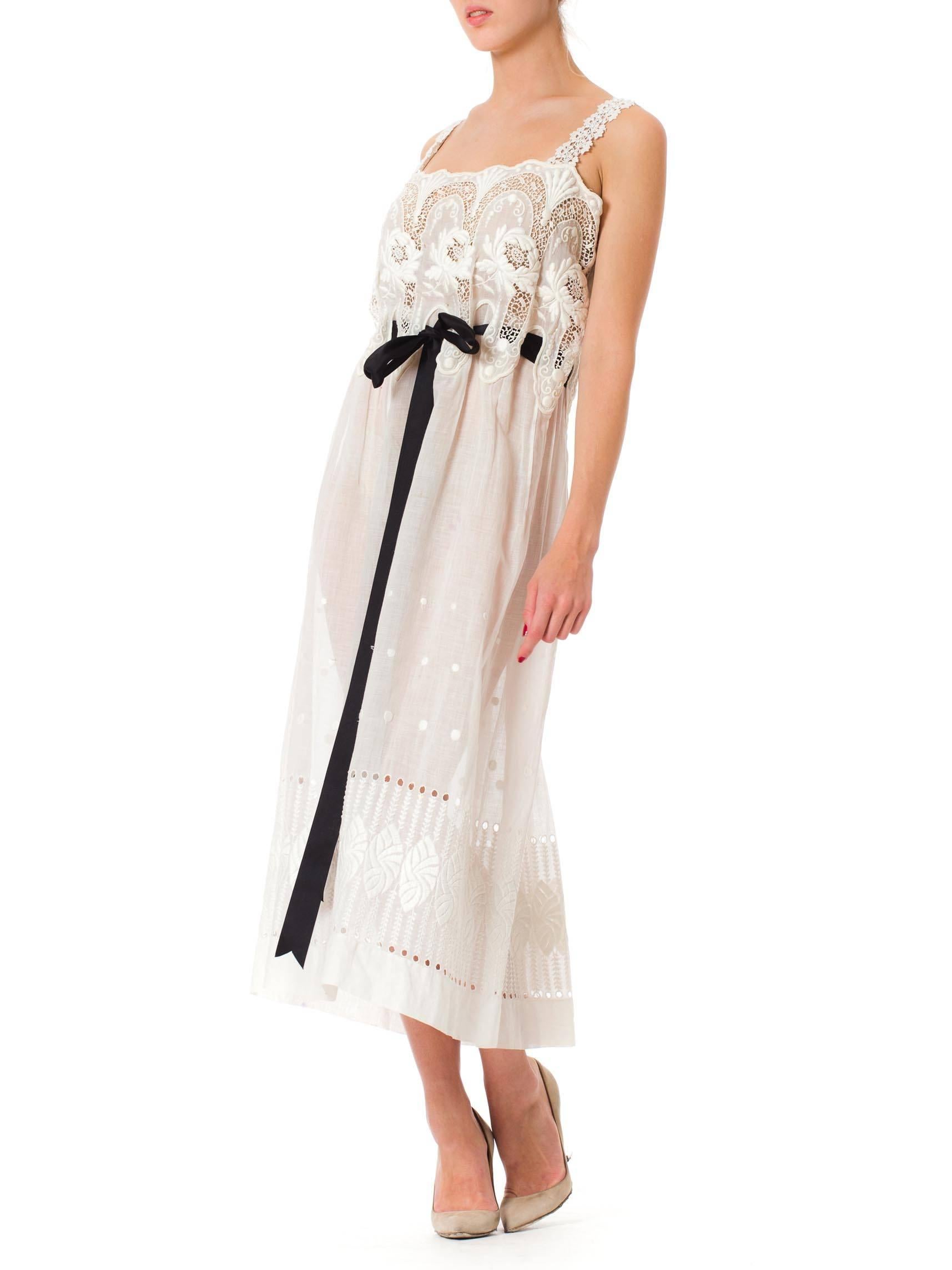 MORPHEW COLLECTION White Victorian Cotton Voile Dress With Lace Details & Black 3