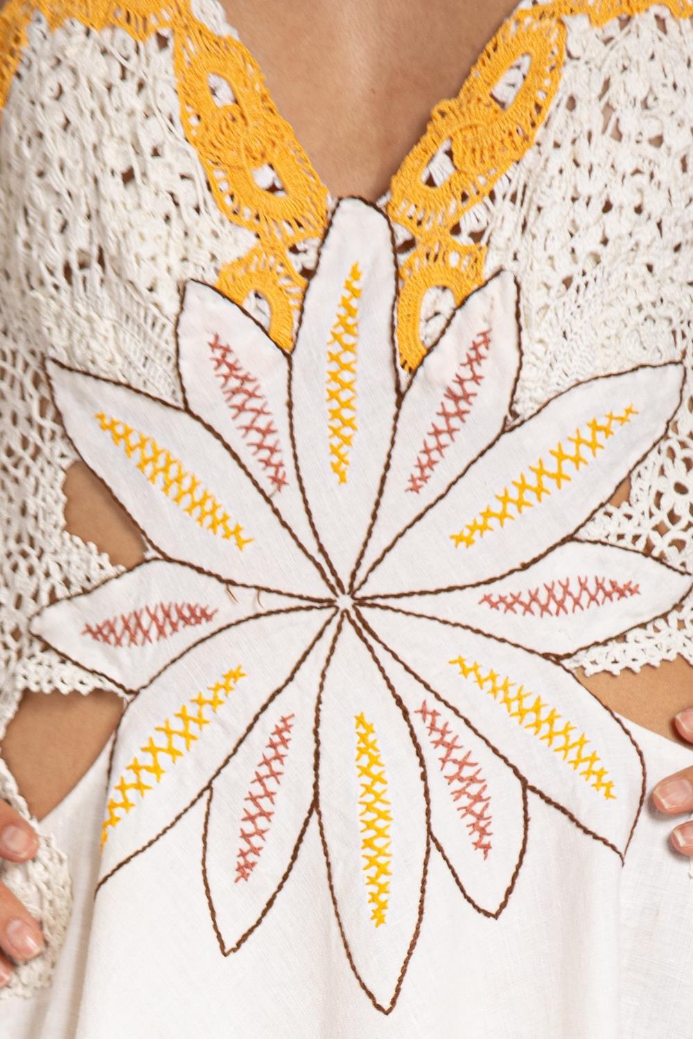 MORPHEW COLLECTION White & Yellow Cotton Blend With Hand Embroidered And Croche For Sale 6