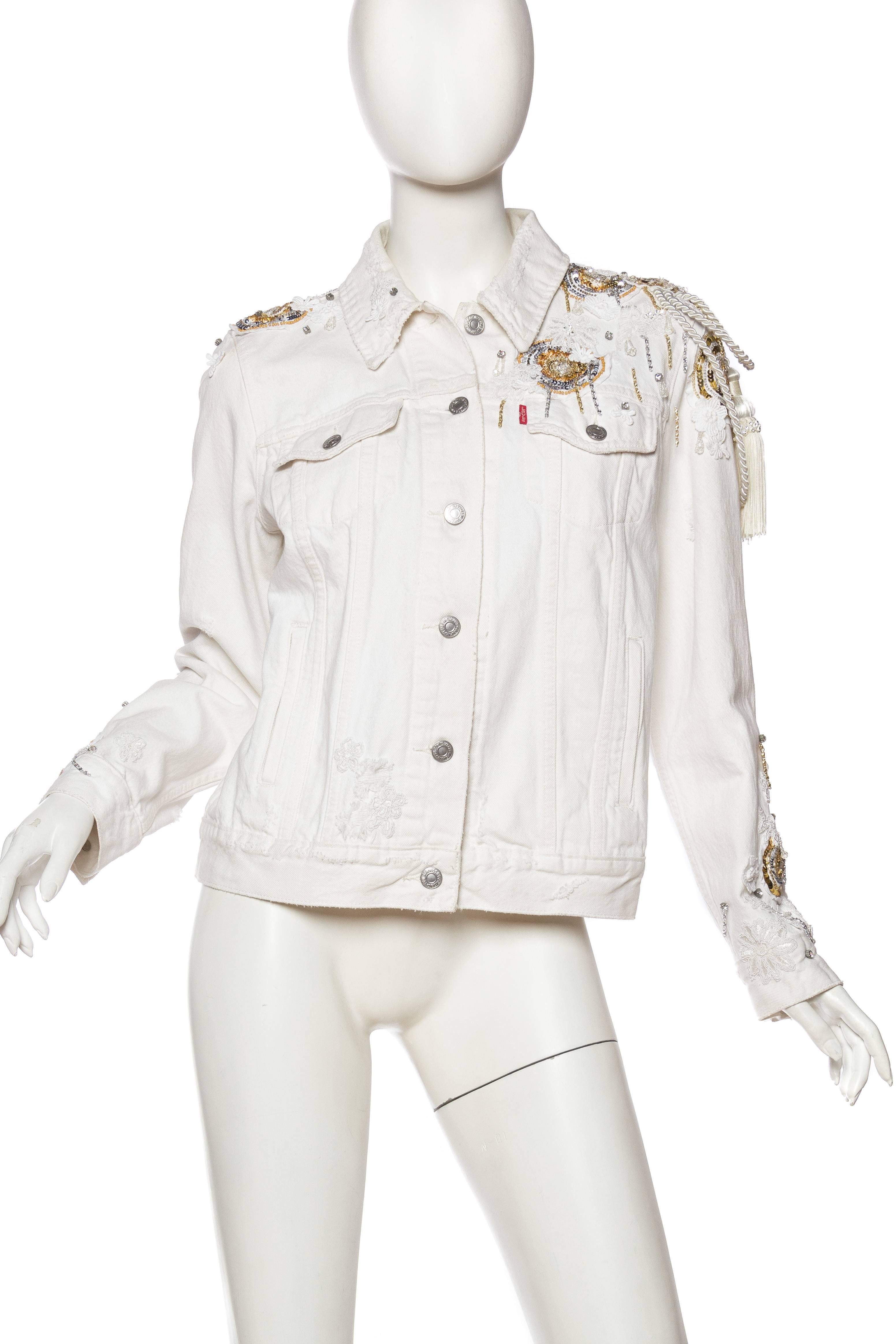 Gray MORPHEW COLLECTION X UNLEASHED White Cotton Denim Gold Sequin, Lace & Crystal E
