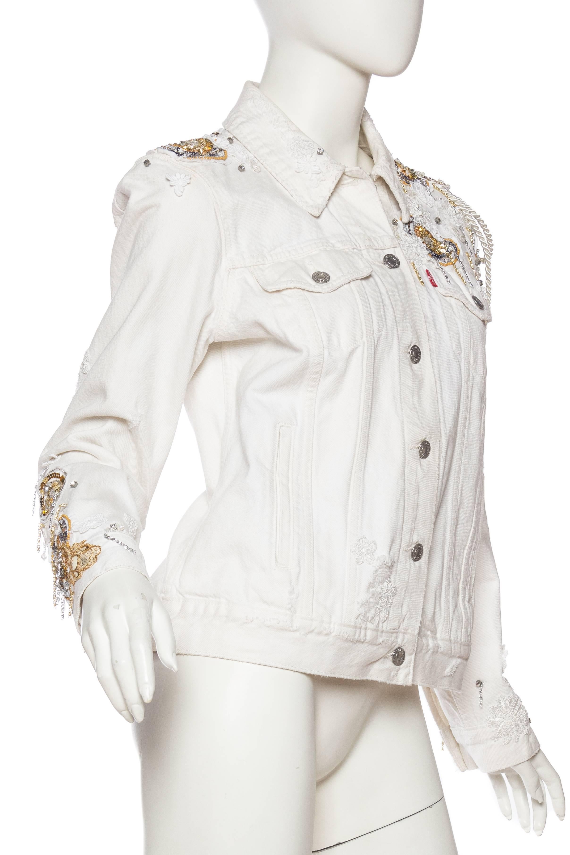 MORPHEW COLLECTION X UNLEASHED White Cotton Denim Gold Sequin, Lace & Crystal E In Excellent Condition In New York, NY
