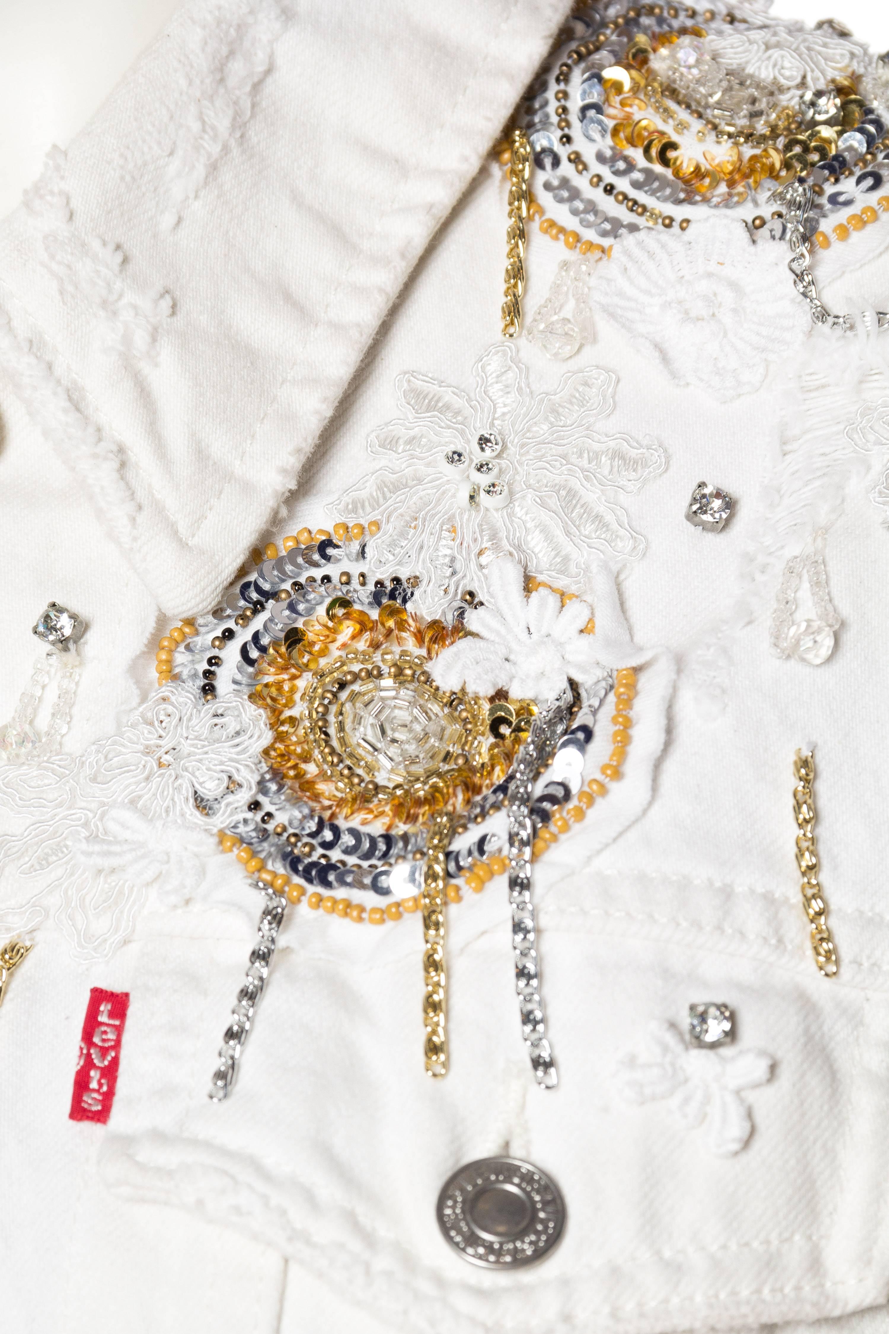 MORPHEW COLLECTION X UNLEASHED White Cotton Denim Gold Sequin, Lace & Crystal E 1